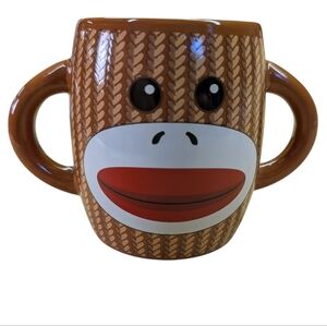 Sock Monkey Face Mug Double Handle Brown Red White 4" Tall